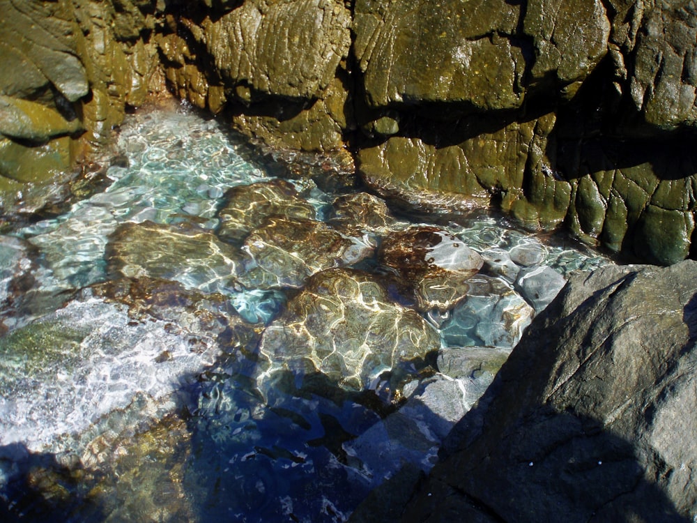 a stream of water flowing between rocks