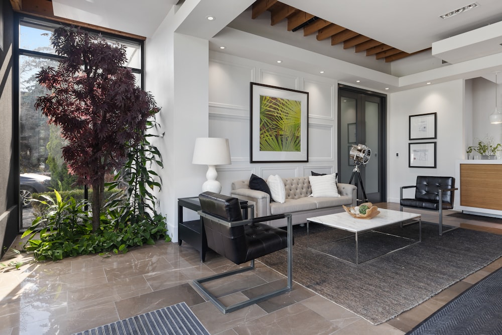 a living room with a large glass door