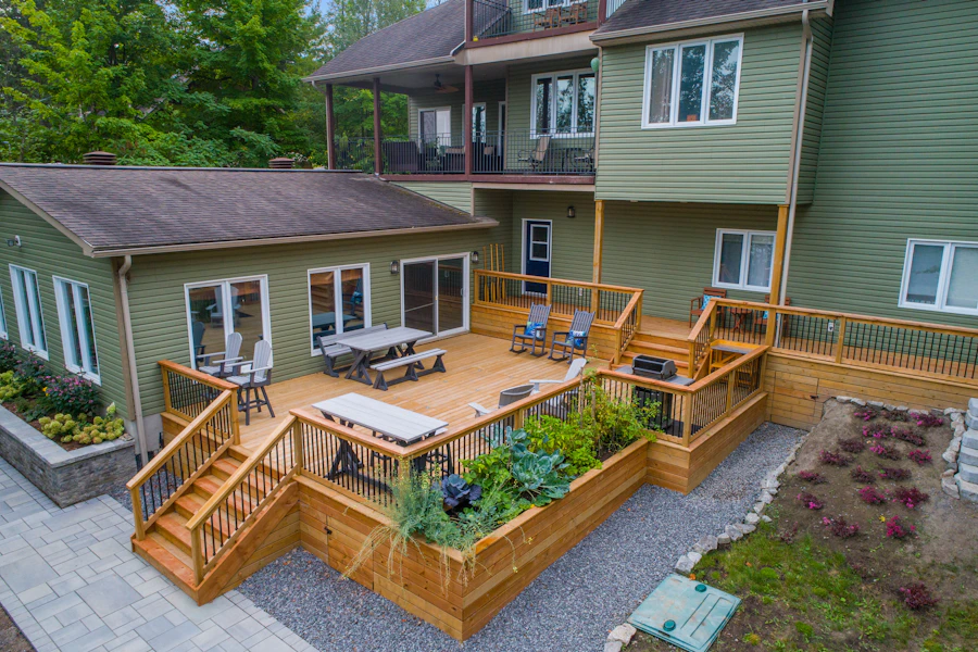 Timber deck with outdoor seating and planters