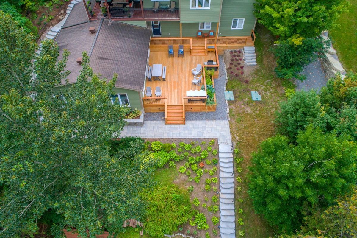 Mature trees and layered planting surrounding a house, with a lawn leading to the front entry
