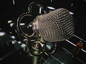 A sleek microphone icon styled like a medieval sword with golden highlights.