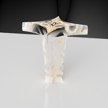 A transparent, sculptural glass structure with a twisted, star-like shape sits on a glossy white surface. Light reflects through its clear material, creating intricate patterns of circles and curves on its surface. The backdrop consists of a smooth, black gradient, emphasizing the object's elegant form.