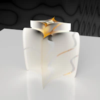 A vibrant modern sculpture displayed against a dark gallery wall