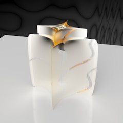 A modern, abstract sculpture with smooth, curved surfaces and a glossy finish stands against a wavy, textured dark background. The sculpture features a combination of creamy white and warm orange tones, with subtle patterns enhancing its dynamic form.