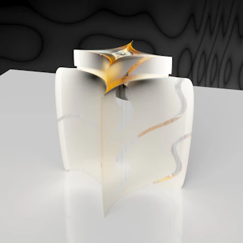 A vibrant modern sculpture displayed against a dark gallery wall