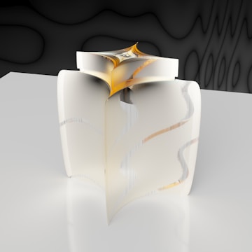 A modern, abstract sculpture with smooth, curved surfaces and a glossy finish stands against a wavy, textured dark background. The sculpture features a combination of creamy white and warm orange tones, with subtle patterns enhancing its dynamic form.