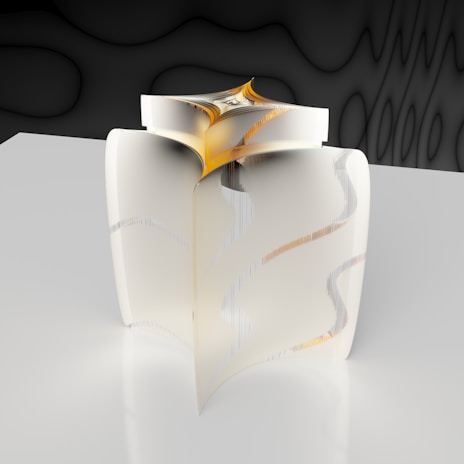 A delicate sculpture with smooth curves and vibrant accents, set against a neutral background.