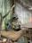 A raccoon is sitting in a relaxed position inside a cage, with its back against the mesh wall and mouth open as if yawning. The habitat is made of wooden platforms and includes branches for climbing.