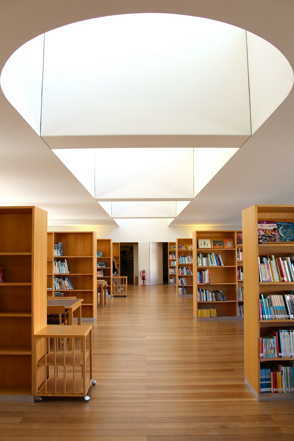 a library with bookshelves