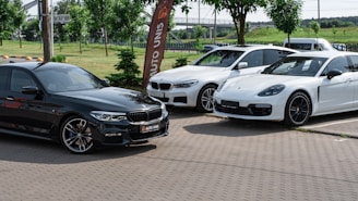 a group of cars parked on a brick road