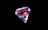 A multifaceted gem with a complex interplay of colors, featuring reflective surfaces that include shades of red, blue, and white. The gem is set against a stark black background, highlighting its vivid color spectrum and intricate geometric shape.