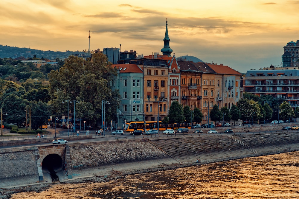 a city with a bridge and buildings