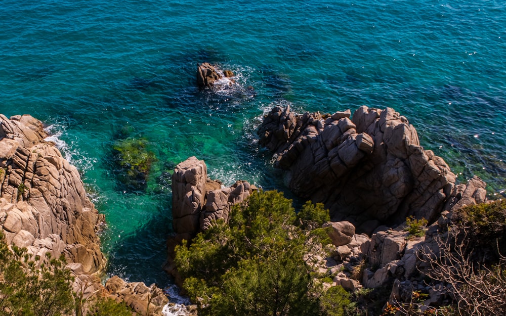a rocky shoreline with blue water