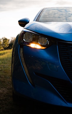 the front of a blue car