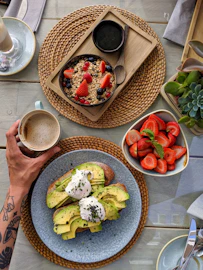 a table with food and a basket of food