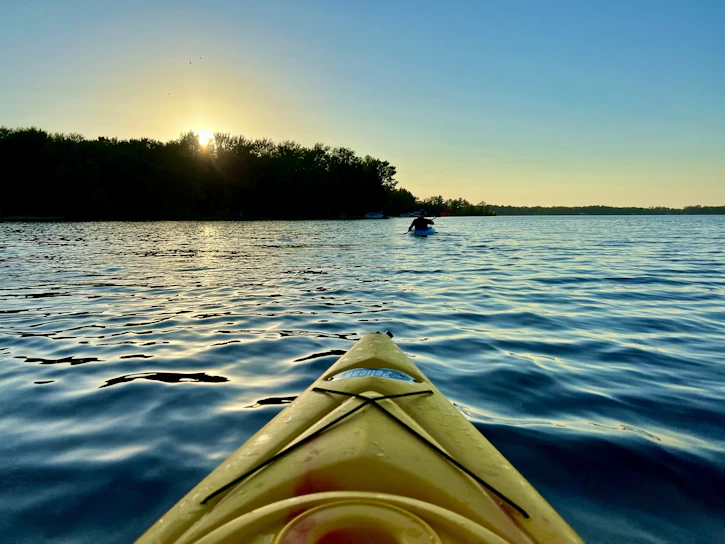 A serene kayak gliding on calm estuary waters at sunrise with soft golden light.
