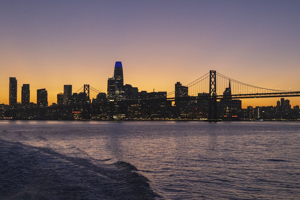 a city skyline at sunset