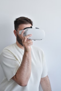 a man holding a white megaphone
