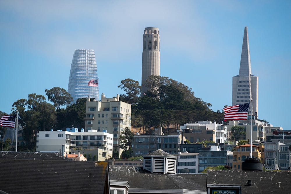 Coit Tower with many buildings and trees