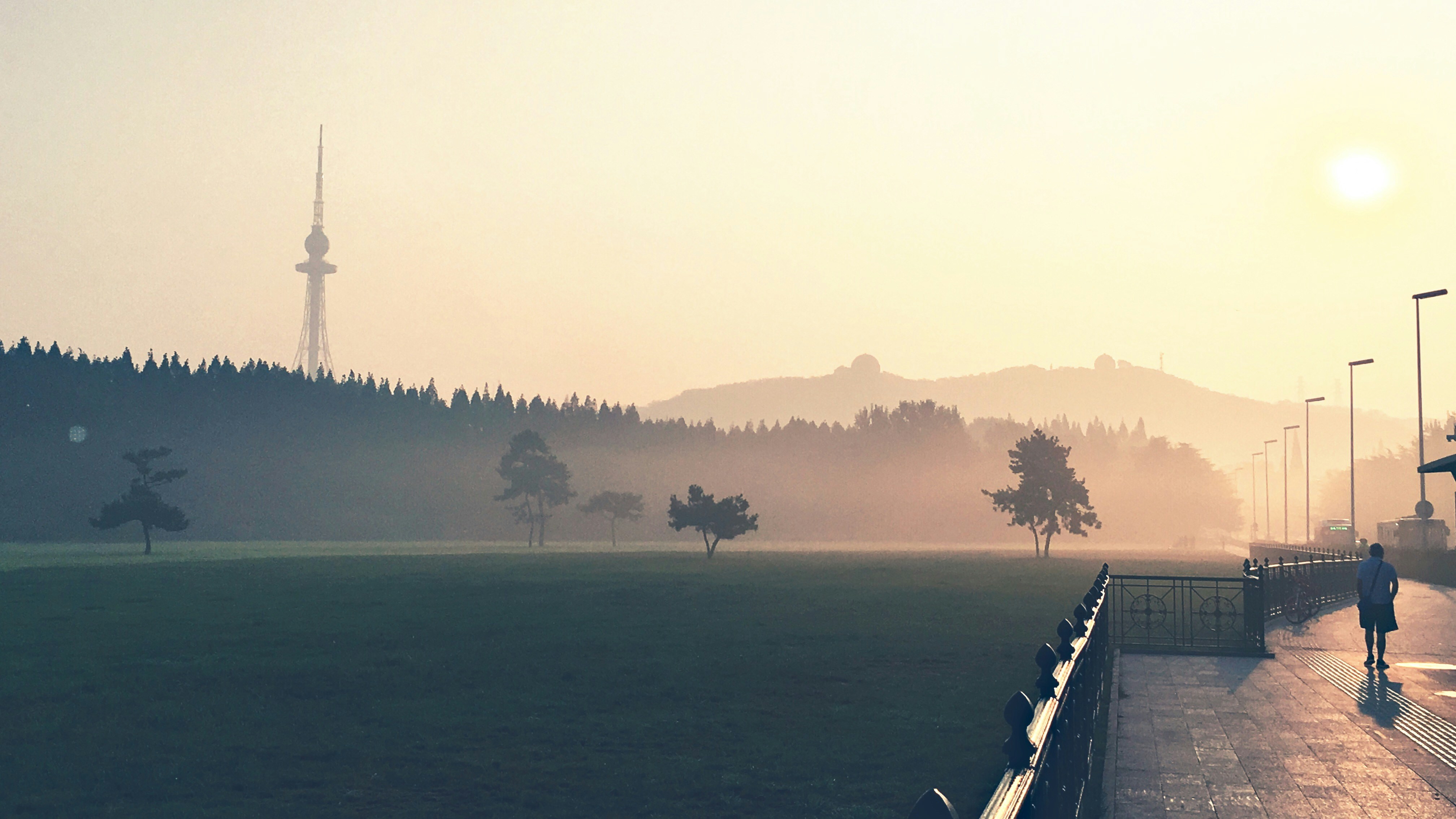 a person walking on a path near a field with trees and a tower
