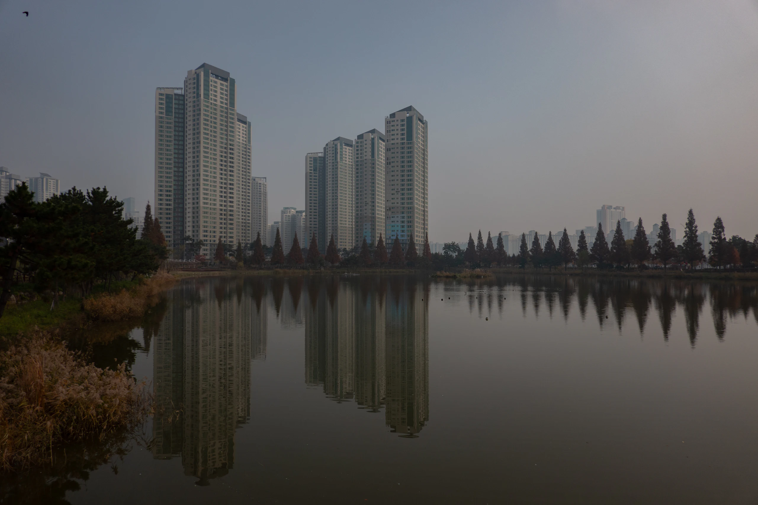 Torres residenciais refletidas em lago ao entardecer