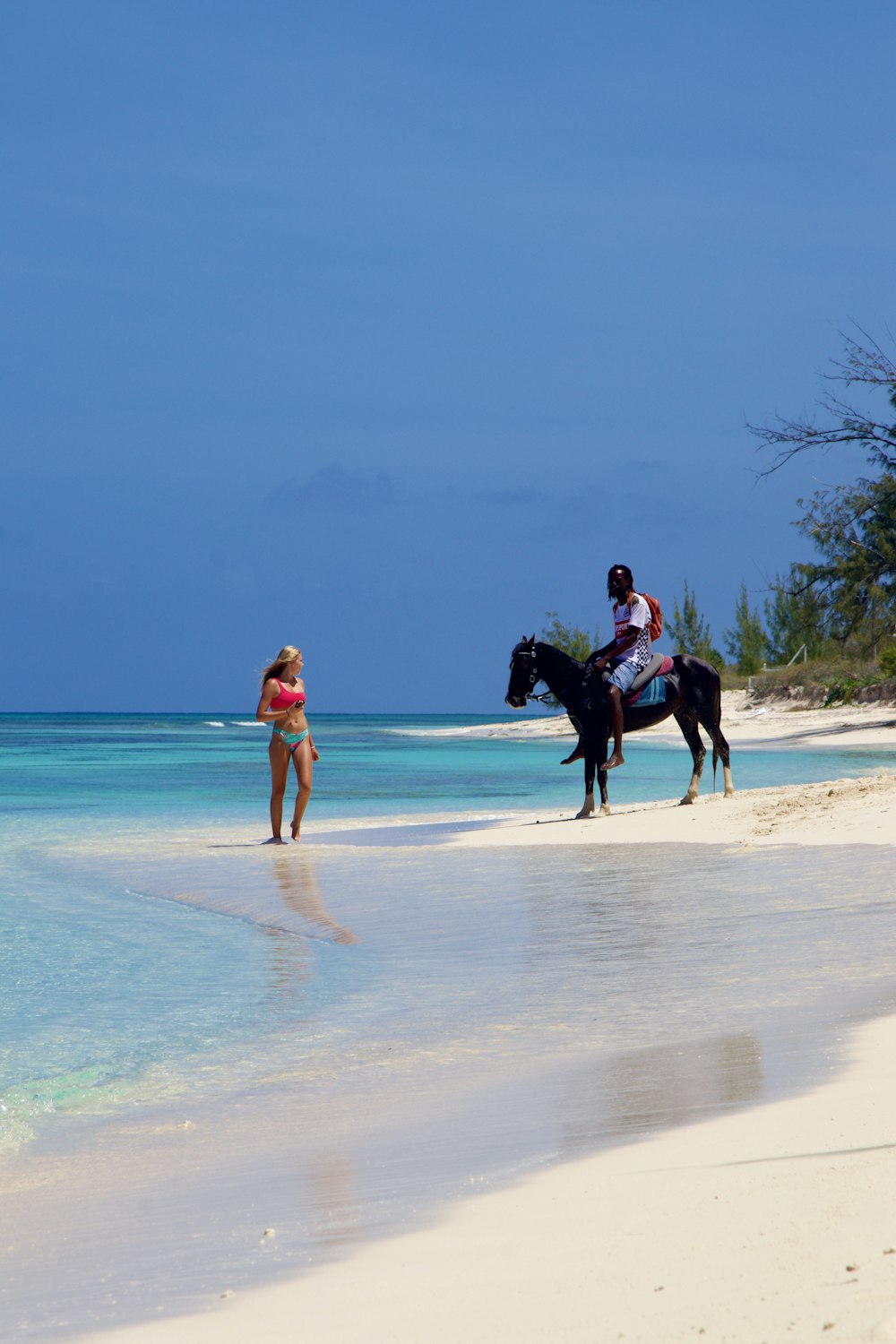 a woman and a man walking on the beach with a horse