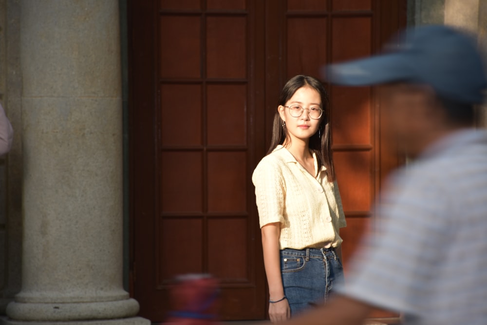 a woman wearing glasses