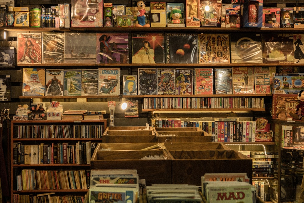 shelves with books and games