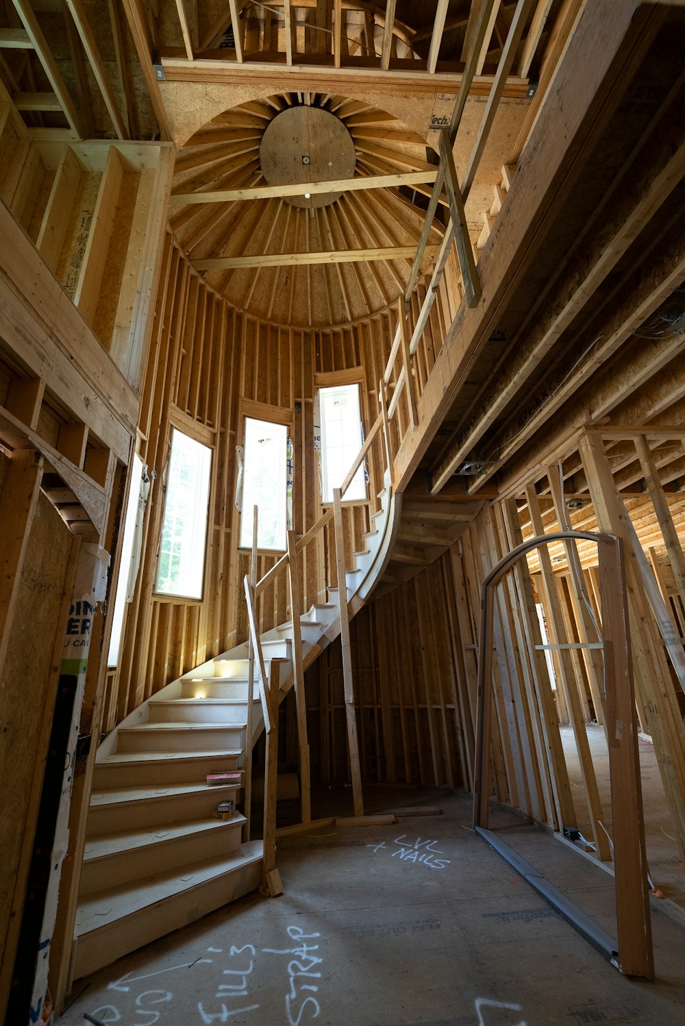 a wooden staircase in a wooden building