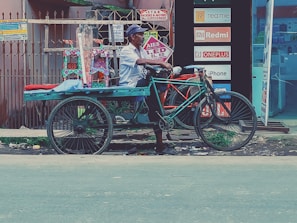 A person is sitting on a bicycle rickshaw parked on the side of the road. The rickshaw is painted in bright colors, and there are small decorative items displayed behind the seat. Advertisements for electronics brands such as Realme, Redmi, Oneplus, and iPhone are visible in the background, along with signs indicating a no parking zone.