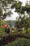 a group of people sitting on a bench in a park