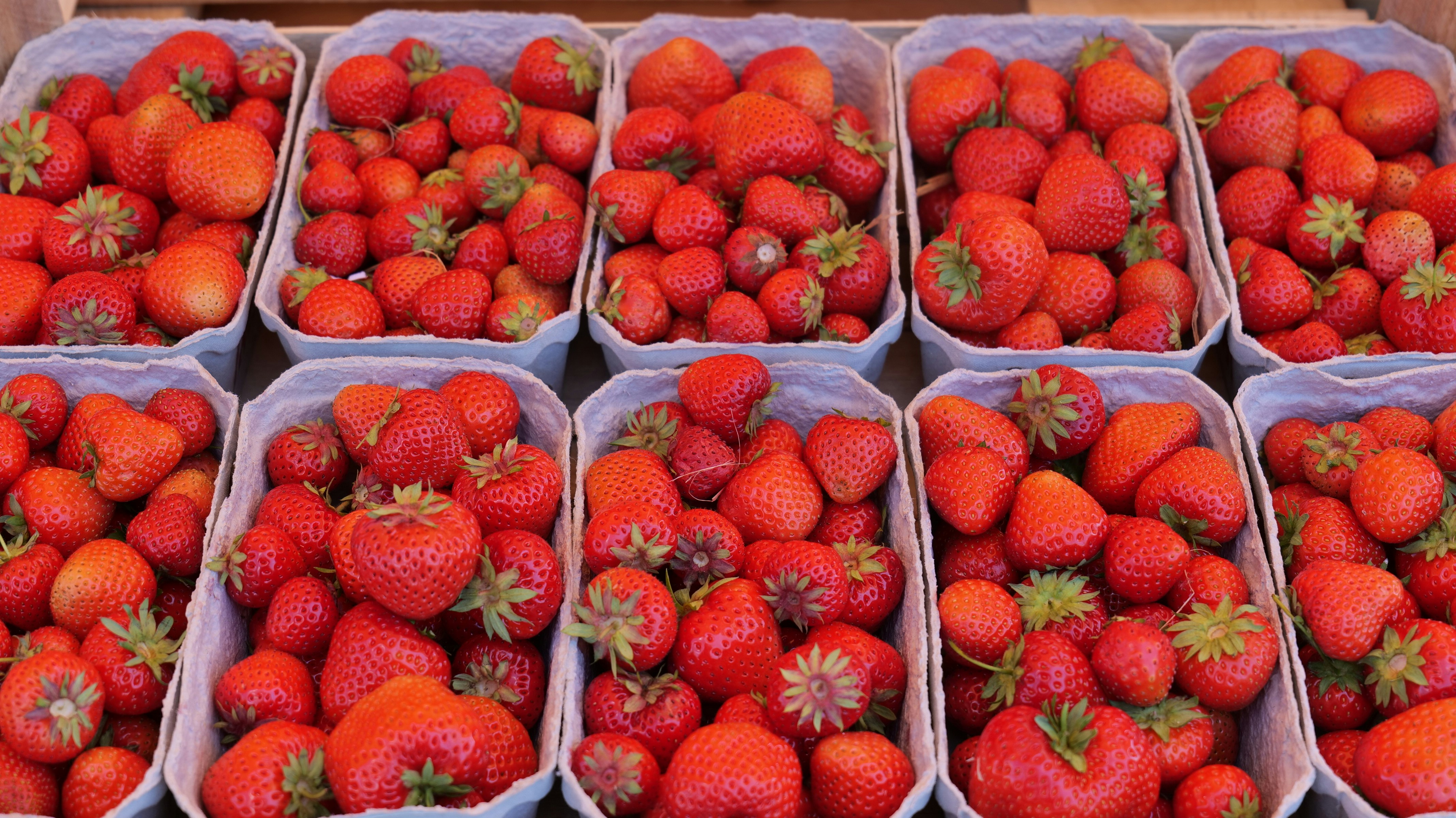 a group of strawberries in plastic containers