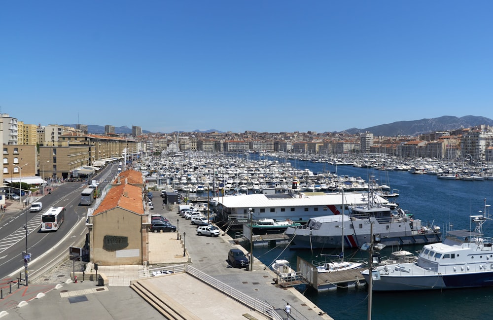 a marina with boats and cars