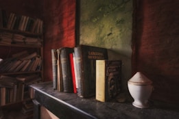 A collection of vintage books is arranged on an old, dust-covered shelf. The setting features a distressed green wall and textured red backdrop, adding an antique charm to the scene. Shelved books fill the background, while a small, ornate white urn sits nearby.