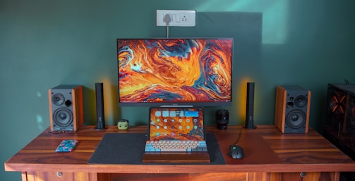 Stylish computer accessories displayed on a desk.