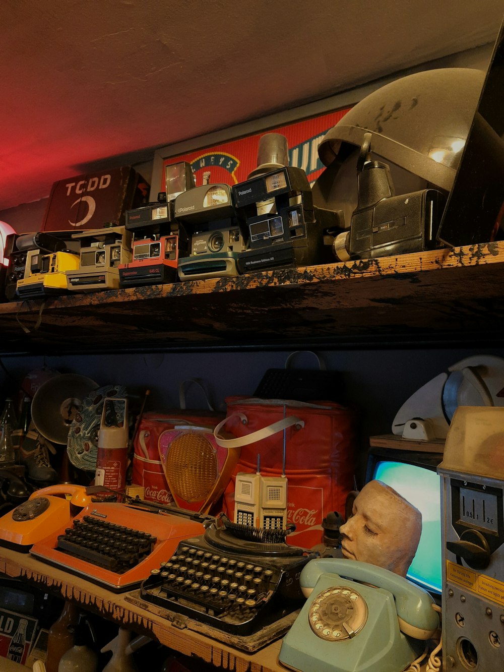 a shelf with a variety of objects on it