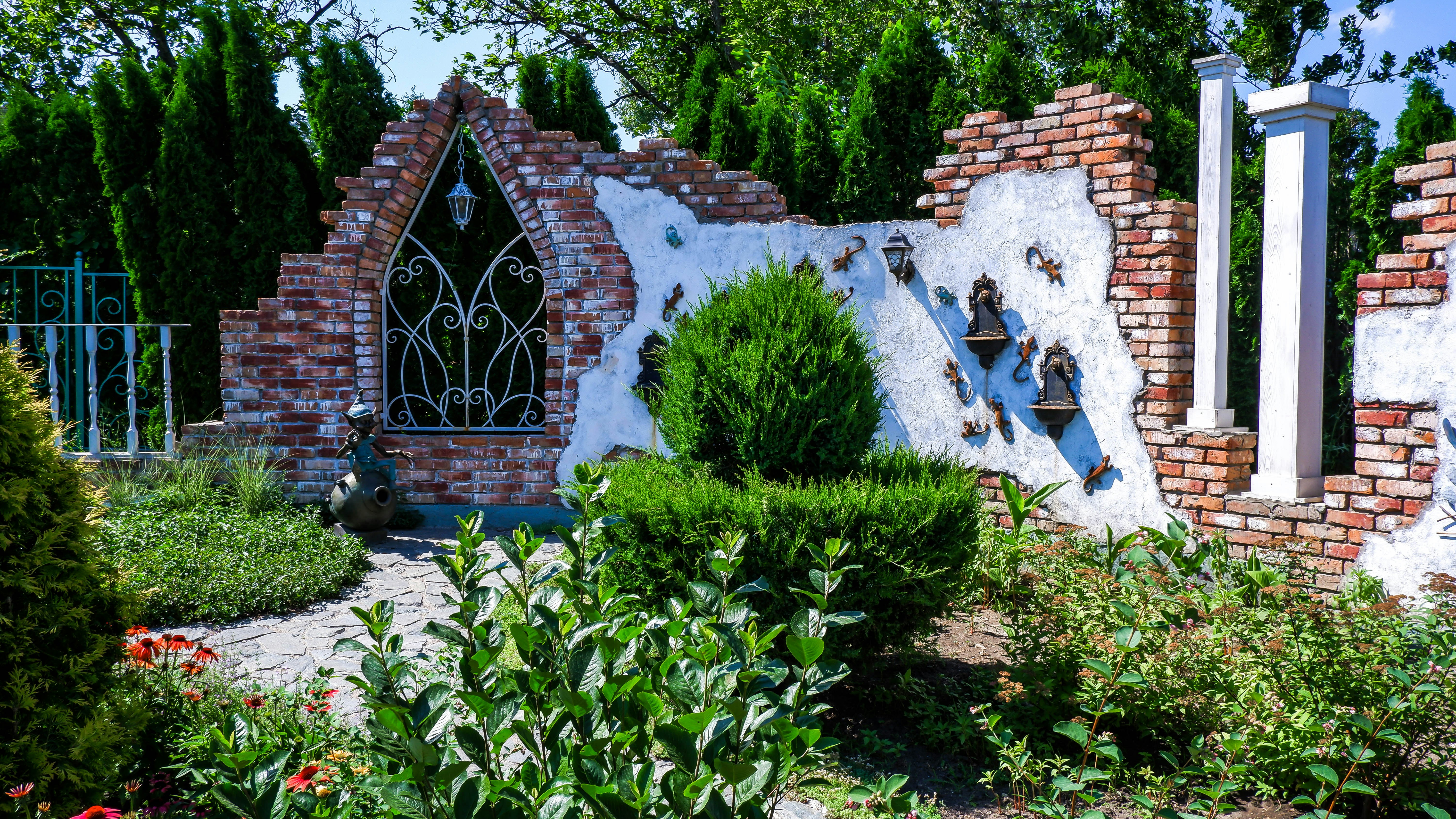 a brick building with a gate