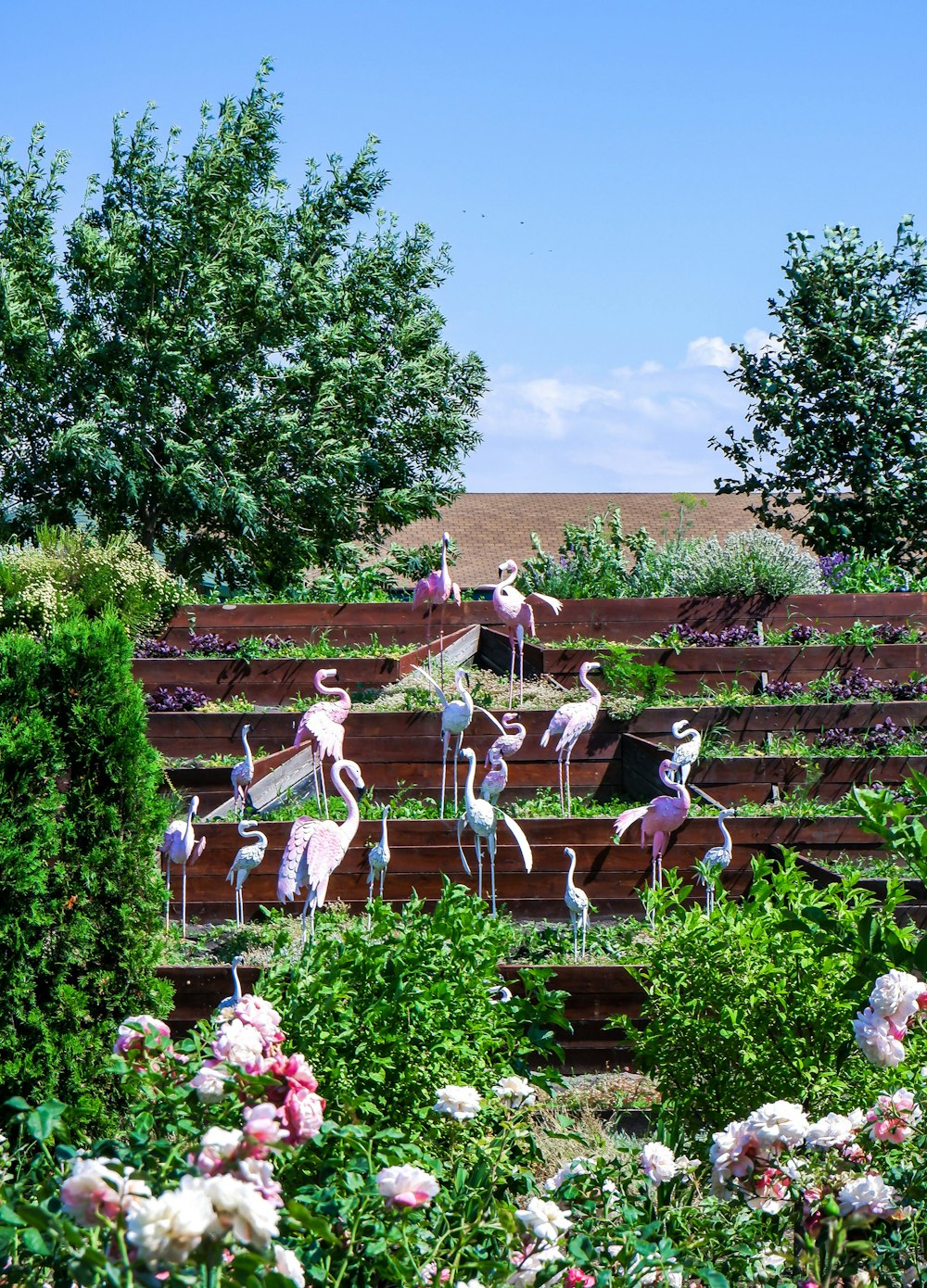 a garden with statues