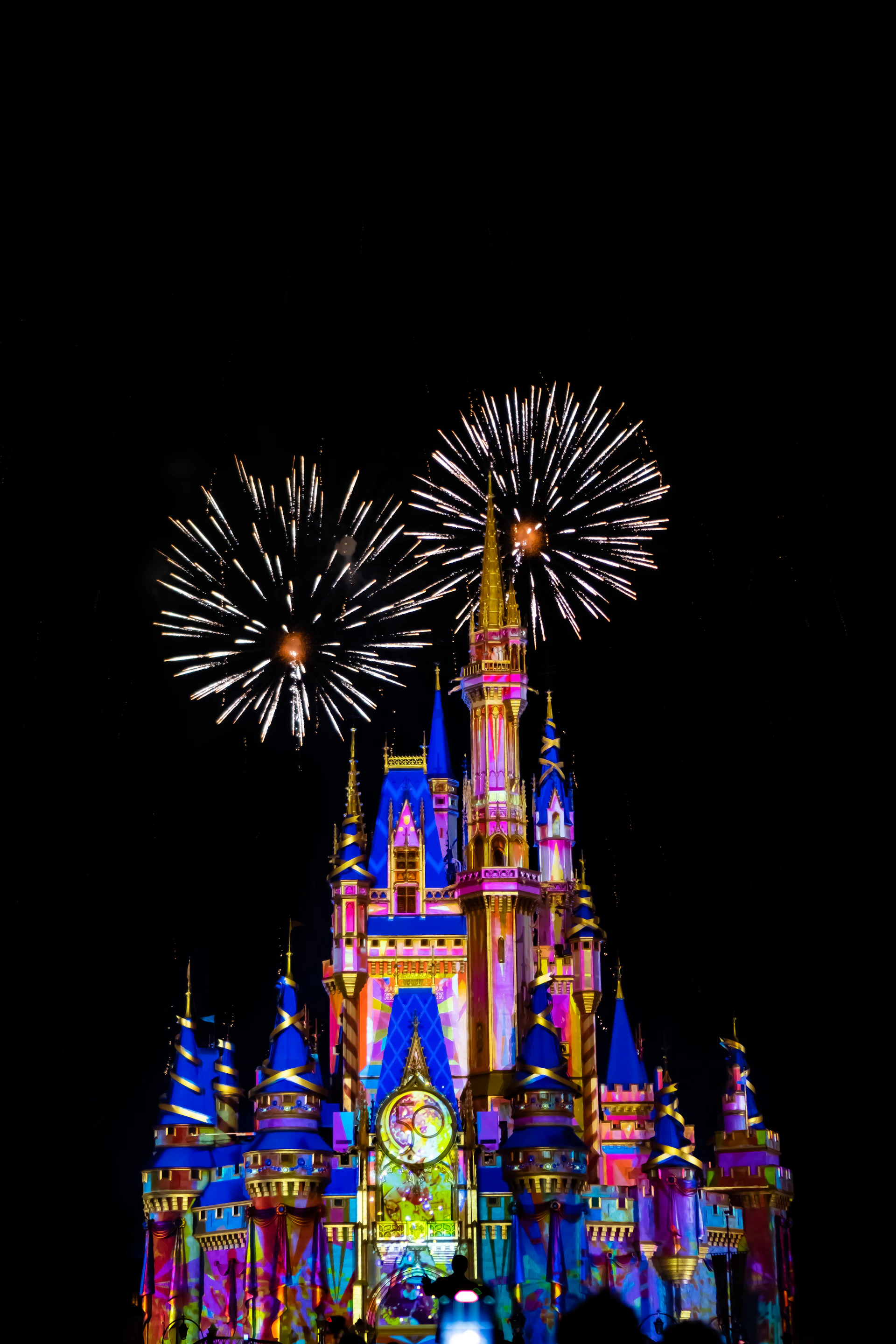 A castle lit up at night with fireworks