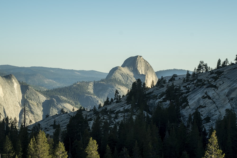 a mountain with trees and mountains in the background