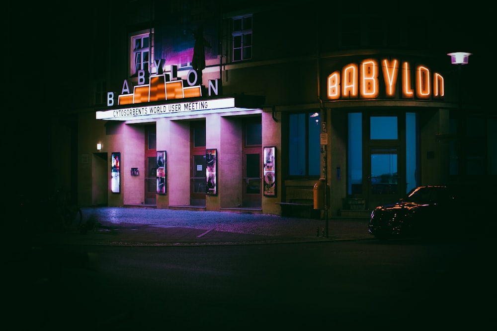 a building with neon signs