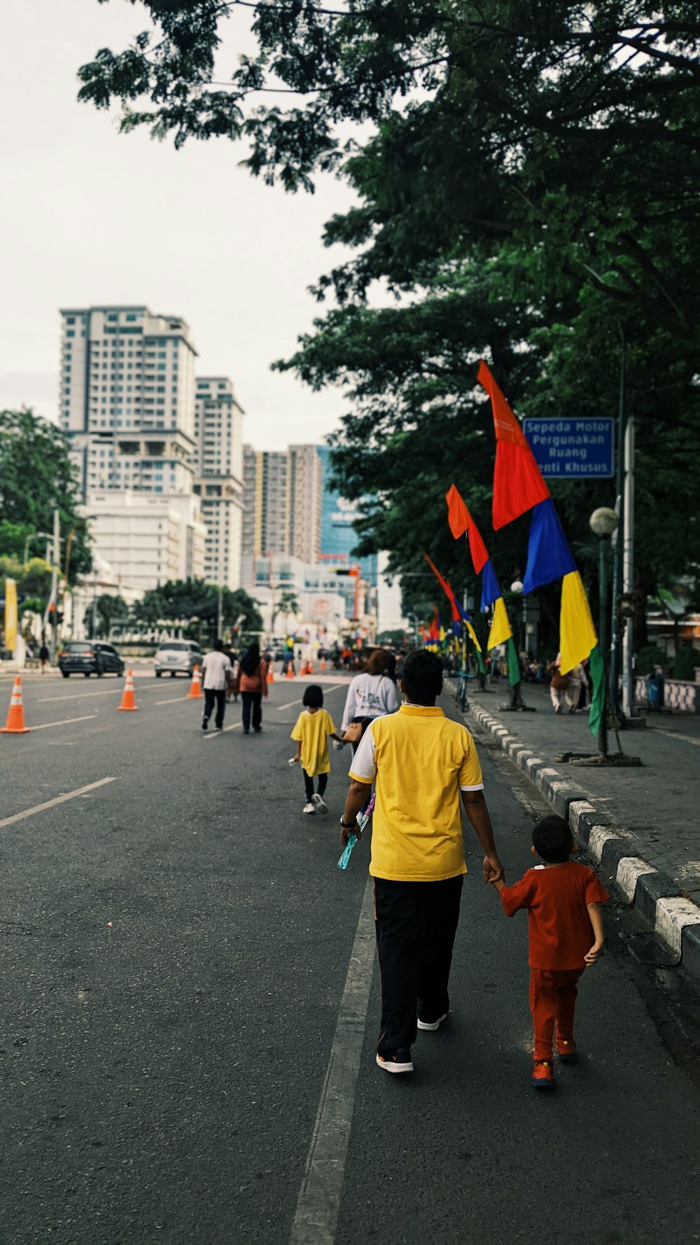a group of people walking down a street with flags
