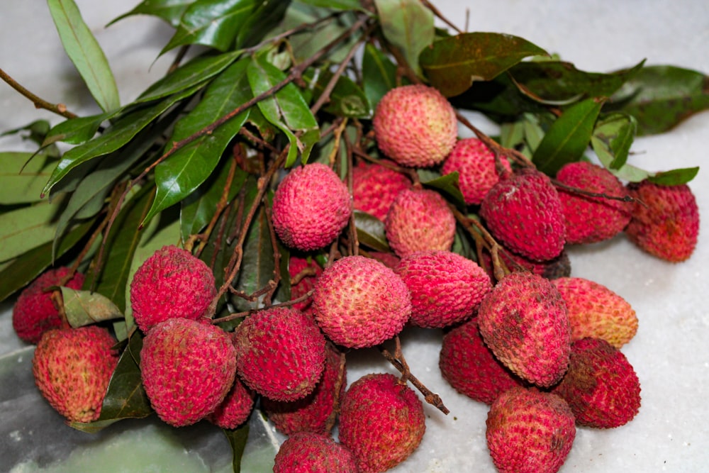 a group of raspberries