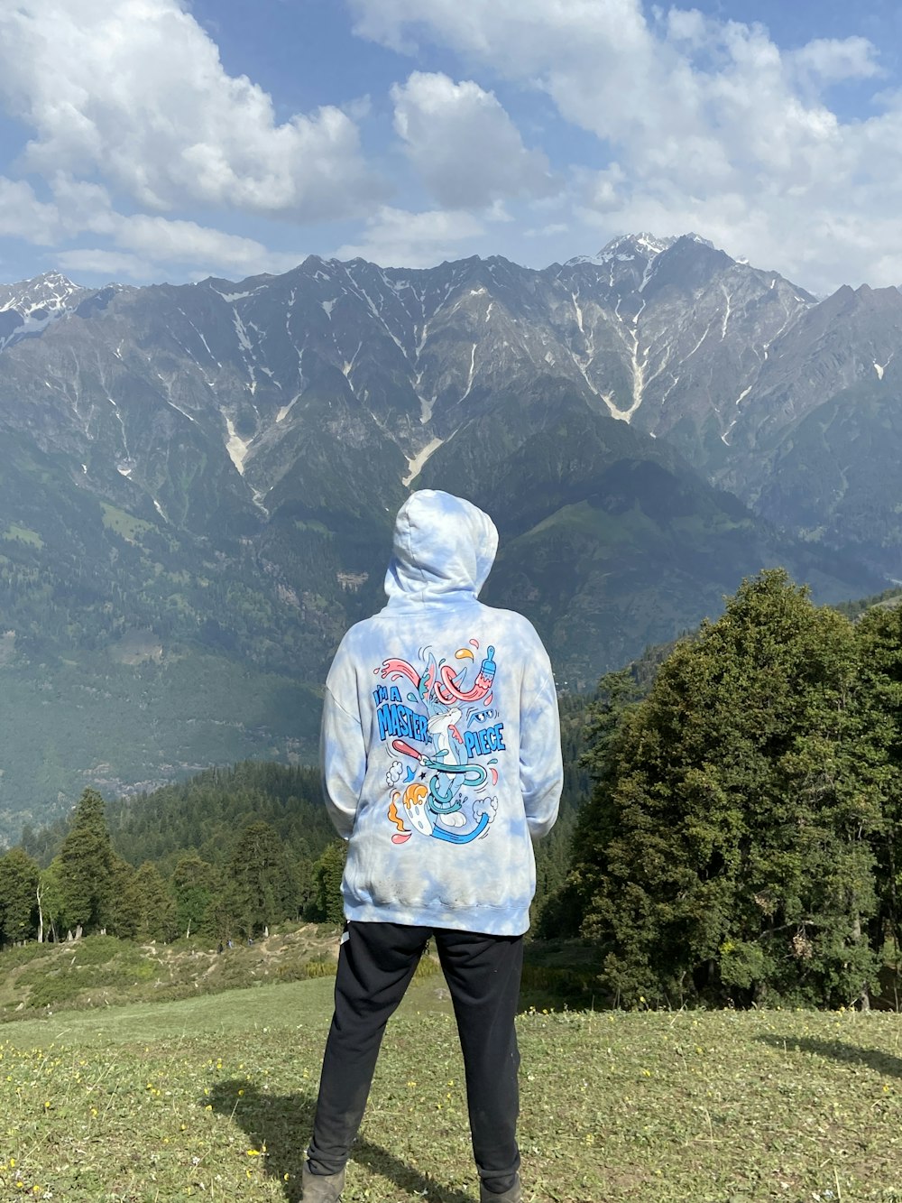 a person wearing a hoodie and standing on a grassy hill with trees and mountains in the background