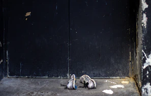 Casual sneakers resting on a graffiti-covered concrete floor.