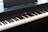 A digital piano with black and white keys is shown, prominently displaying the 'Roland' brand above the keyboard. The piano has a sleek design with a black finish, and a music stand attached.