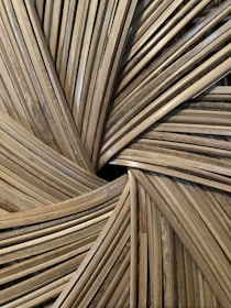 Close-up of an intricate woven pattern made from natural materials, possibly bamboo or rattan, featuring a radial design with overlapping strips.