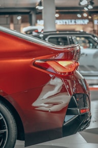Close-up of shiny new automotive accessories displayed on shelves.