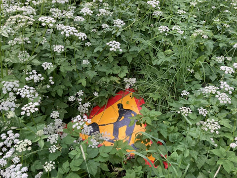 A road sign partially obscured by dense green foliage and white wildflowers, depicting a construction worker. The sign is predominantly red and yellow, with black silhouettes.