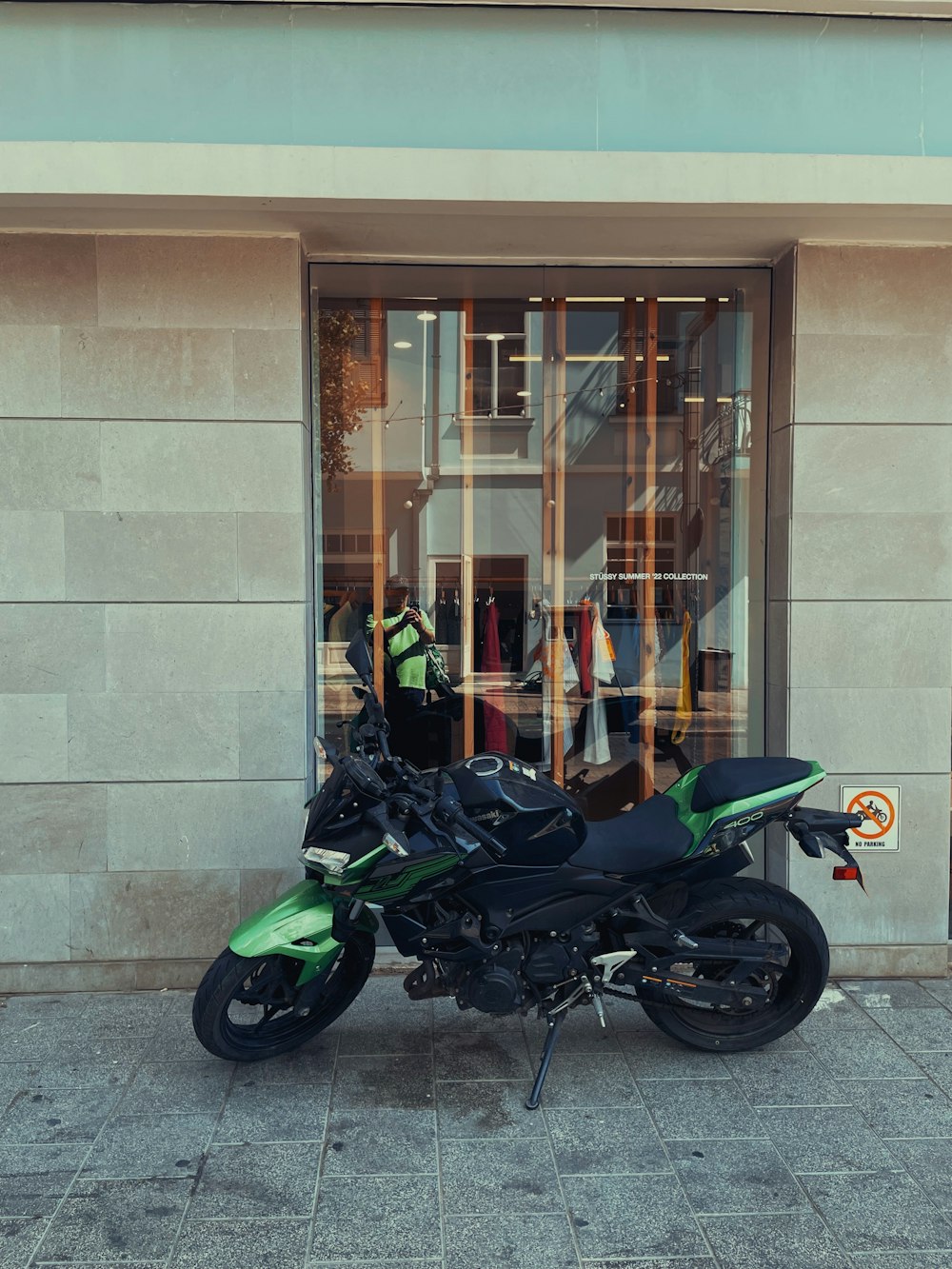a motorcycle parked outside a building